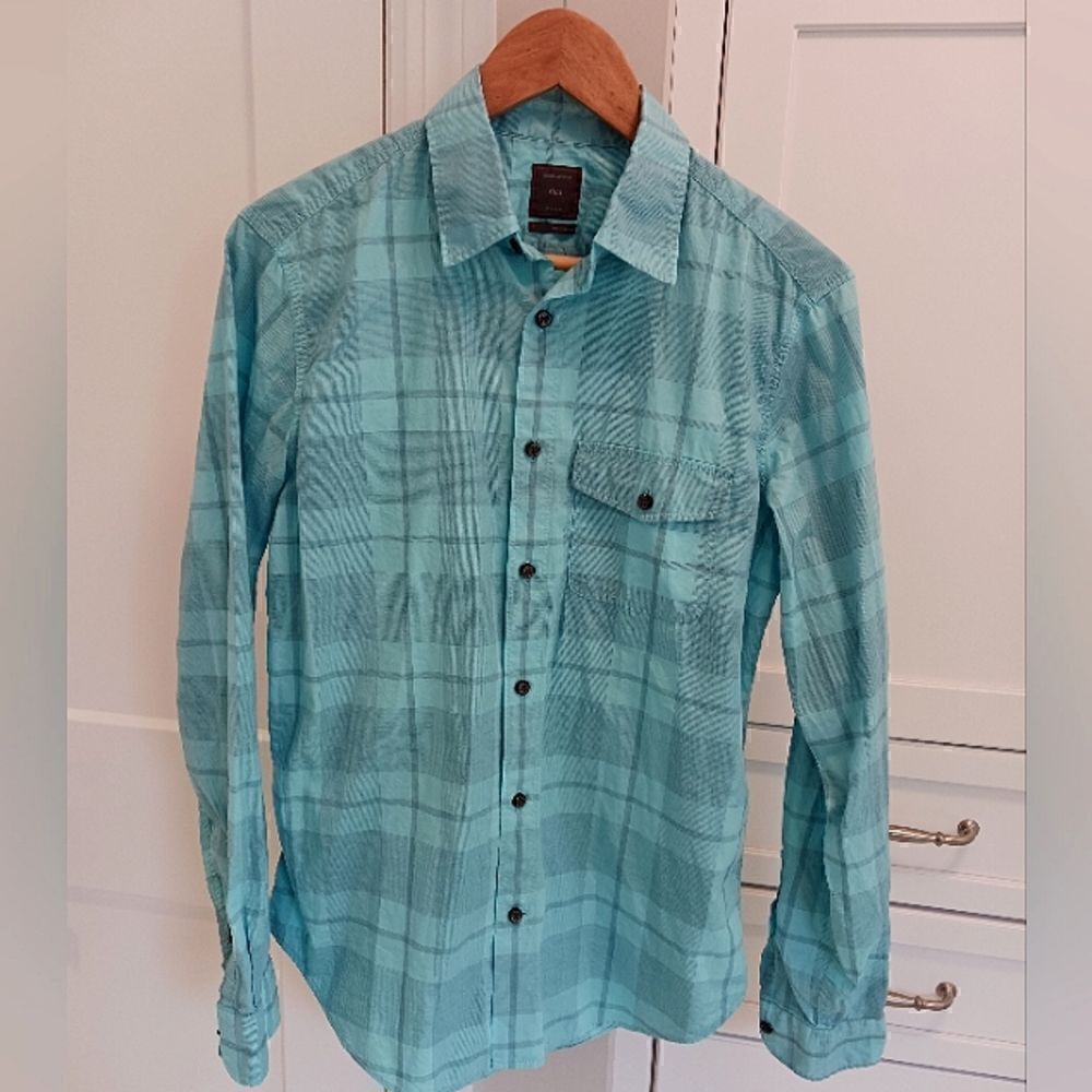 Mens GAP Cotton Button Down Shirt Aqua Plaid